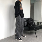 Men Jeans Washed Denim Trousers Elastic Waist Baggy Straight Trousers